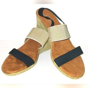 Franco Sarto Black and Tan Espadrille Irene Wedge Sandal, Size 9